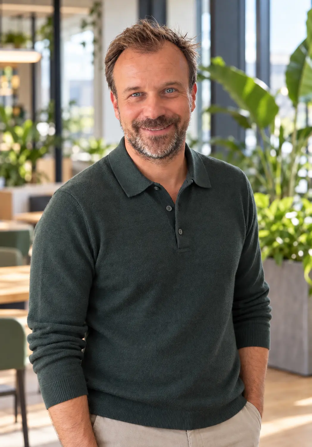 Portrait von Marco Hübecker in einem hellen, modernen Innenraum mit Pflanzen